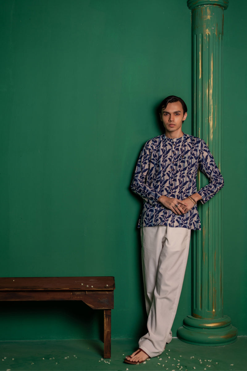 Men's Printed Short Cotton Kurta - Full Sleeve | Indigo Flora