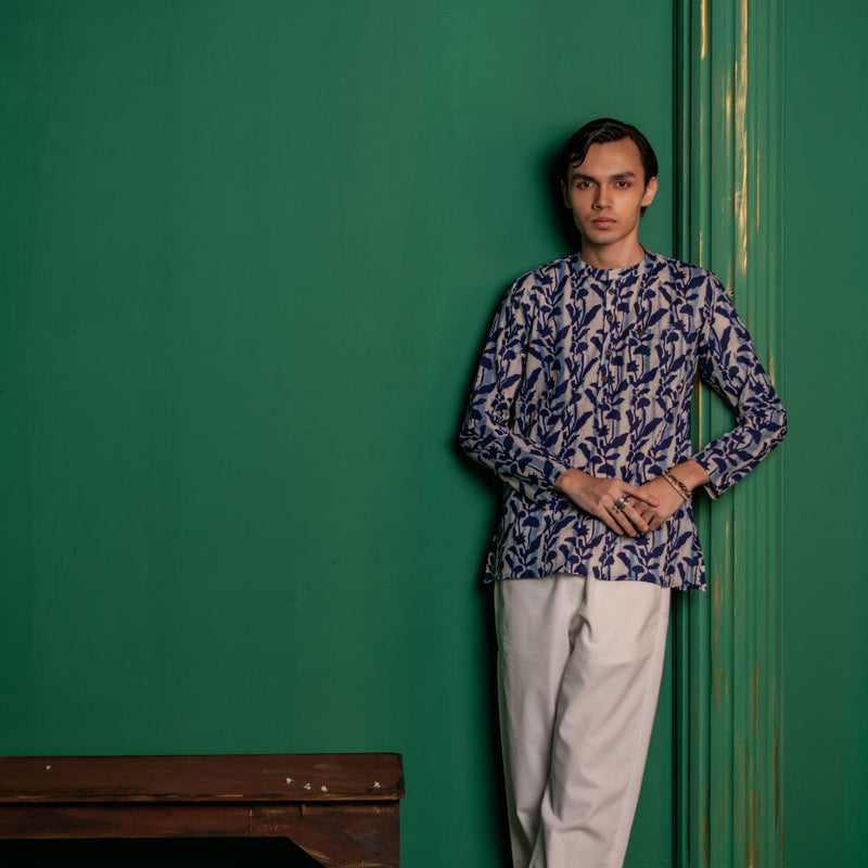 Men's Printed Short Cotton Kurta - Full Sleeve | Indigo Flora