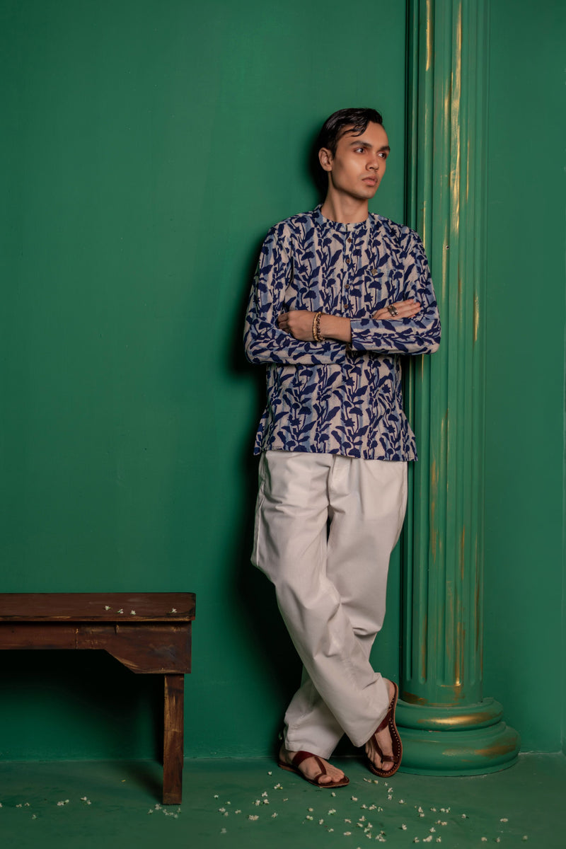 Men's Printed Short Cotton Kurta - Full Sleeve | Indigo Flora