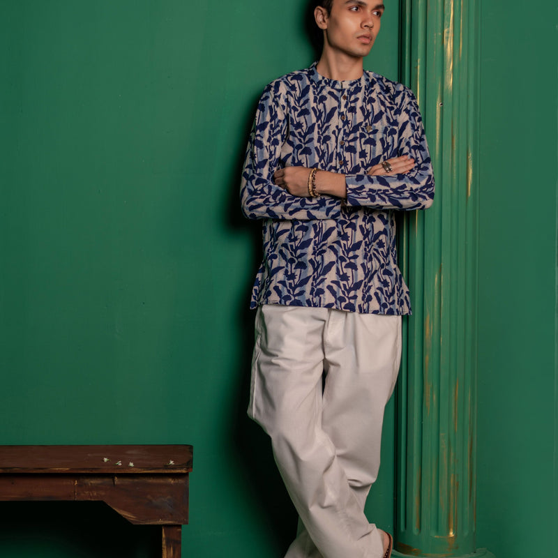 Men's Printed Short Cotton Kurta - Full Sleeve | Indigo Flora