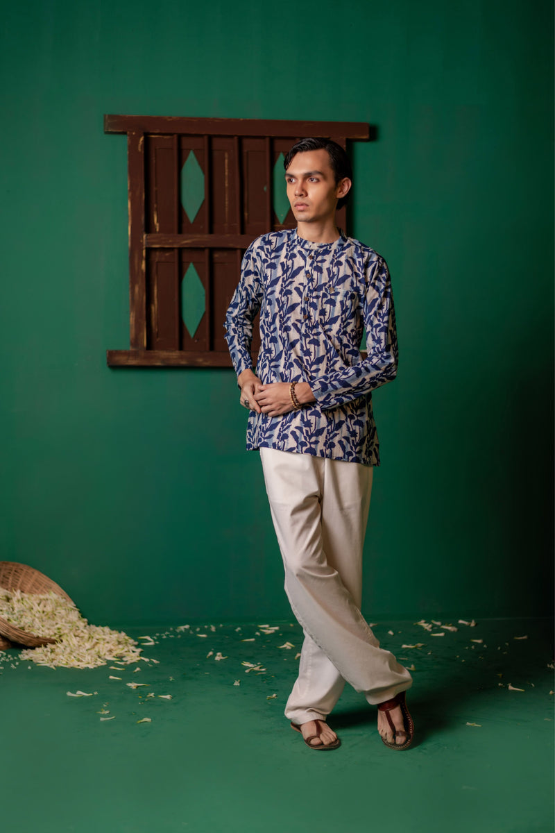 Men's Printed Short Cotton Kurta - Full Sleeve | Indigo Flora