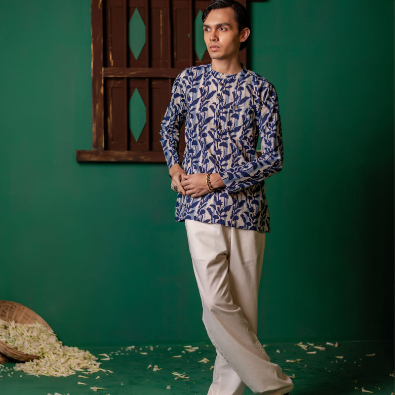 Men's Printed Short Cotton Kurta - Full Sleeve | Indigo Flora