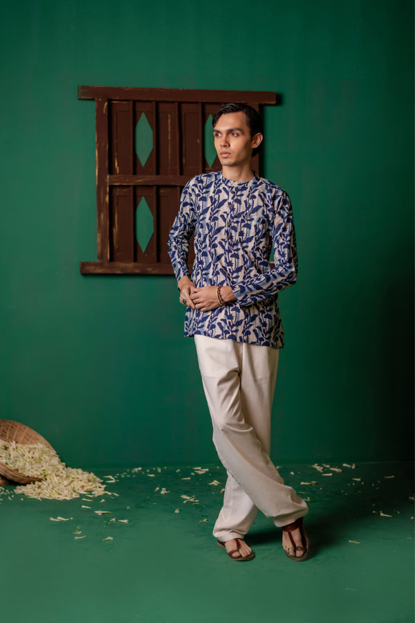 Men's Printed Short Cotton Kurta - Full Sleeve | Indigo Flora