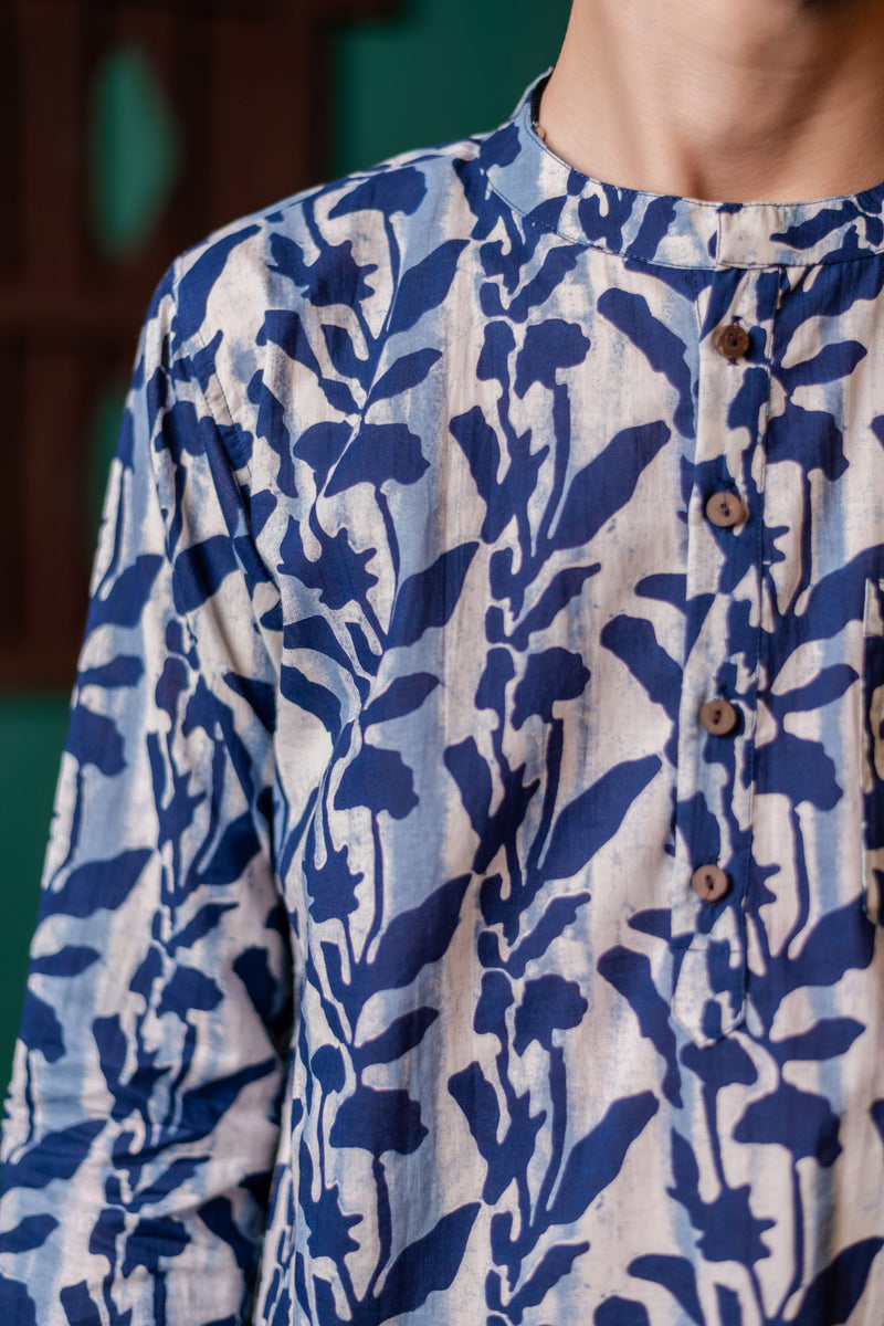 Men's Printed Short Cotton Kurta - Full Sleeve | Indigo Flora