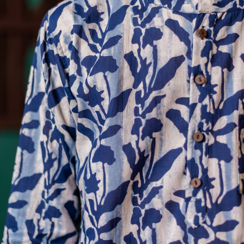 Men's Printed Short Cotton Kurta - Full Sleeve | Indigo Flora