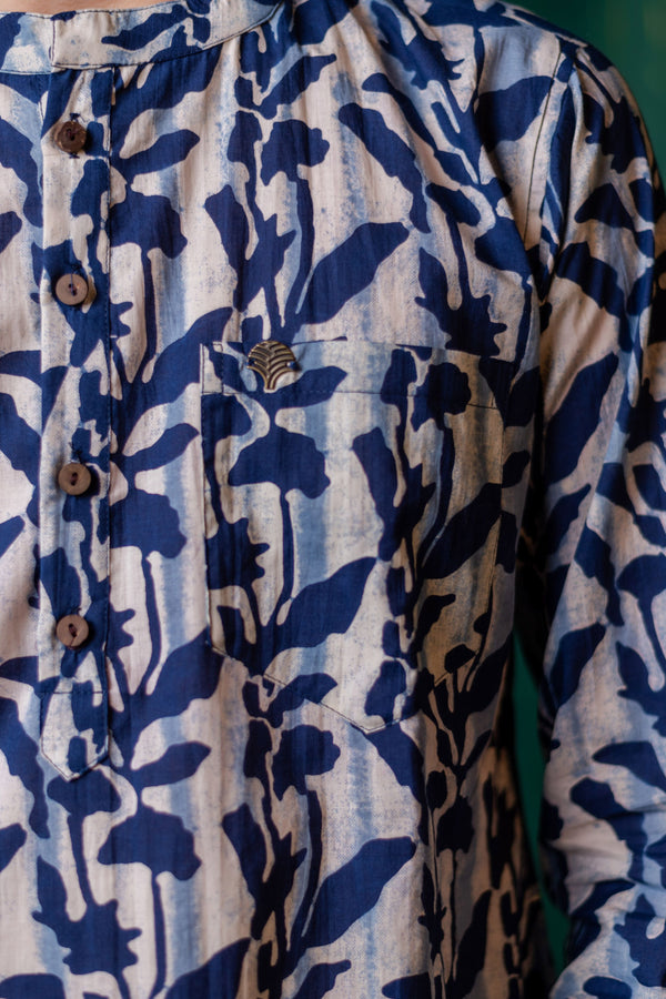 Men's Printed Short Cotton Kurta - Full Sleeve | Indigo Flora