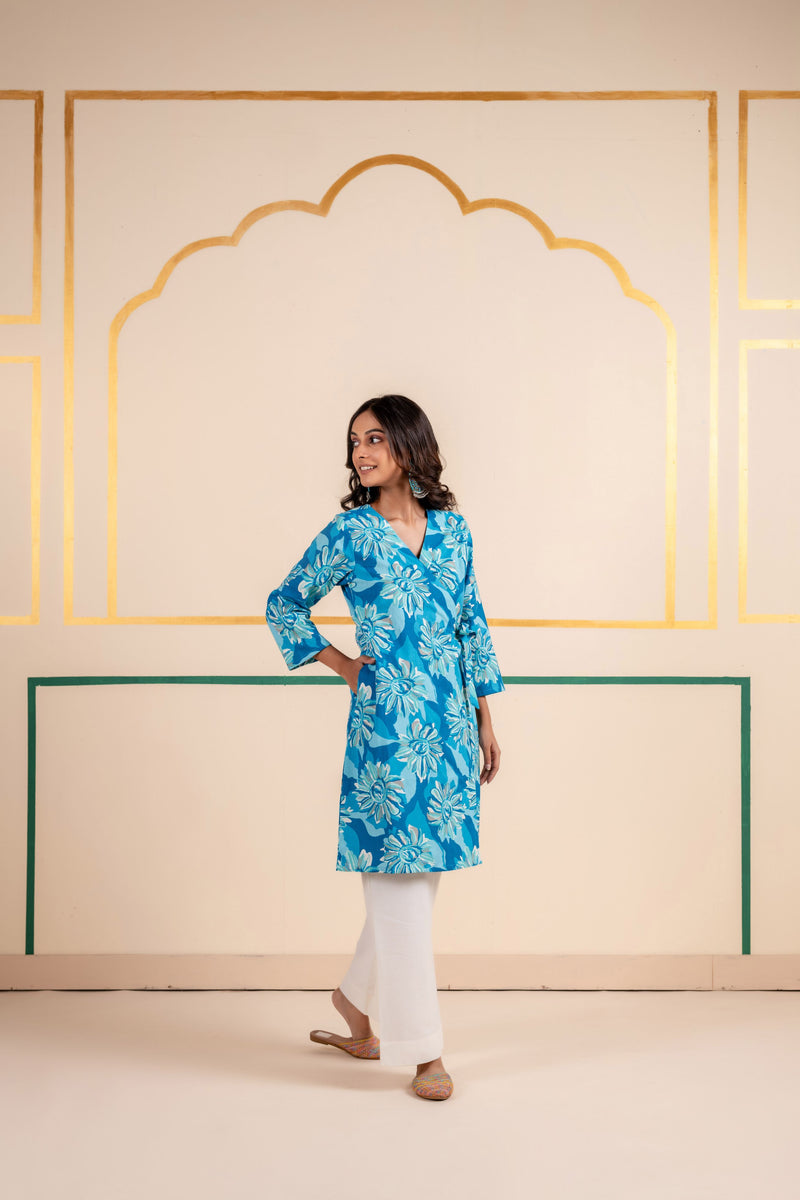 Cotton Angarakha Kurti with Side Tie-Ups for Women | Aqua Bloom