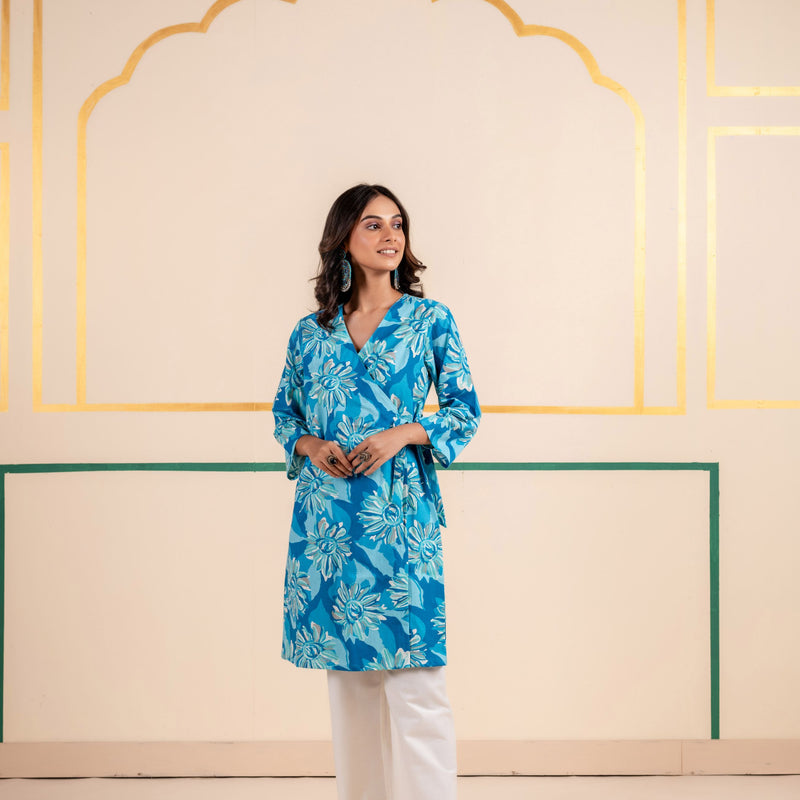 Cotton Angarakha Kurti with Side Tie-Ups for Women | Aqua Bloom