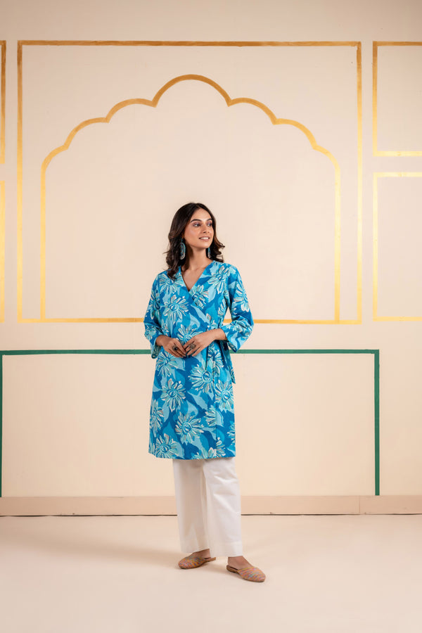 Cotton Angarakha Kurti with Side Tie-Ups for Women | Aqua Bloom