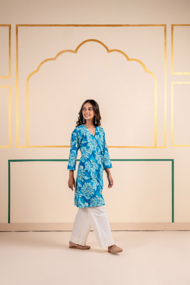 Cotton Angarakha Kurti with Side Tie-Ups for Women | Aqua Bloom