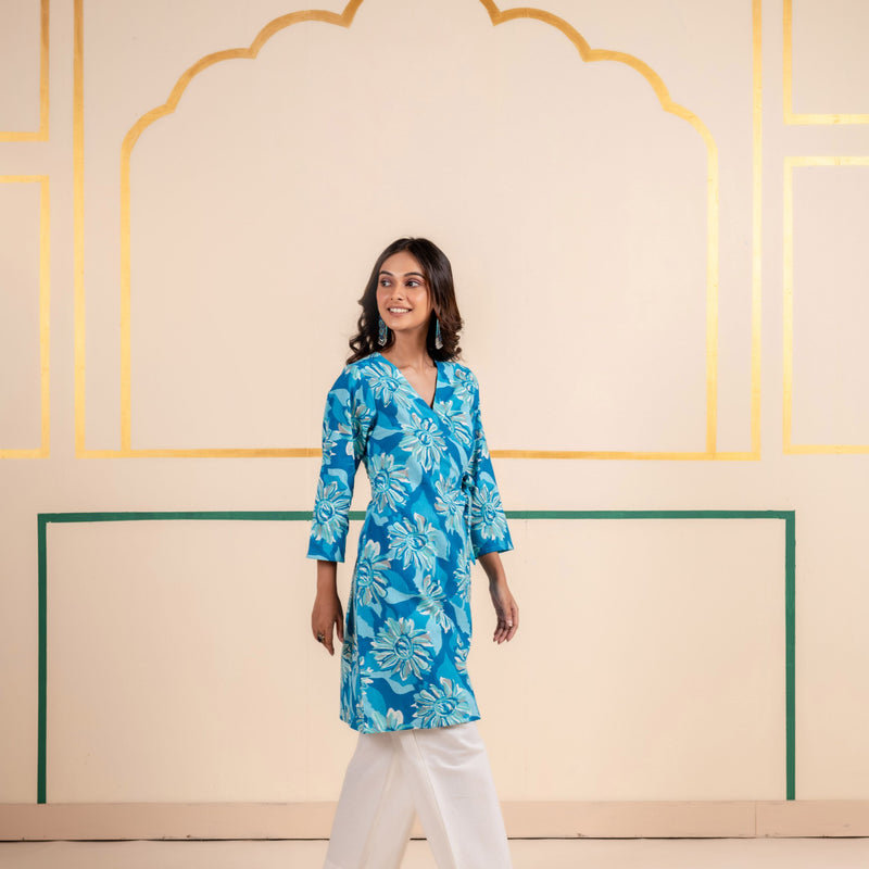 Cotton Angarakha Kurti with Side Tie-Ups for Women | Aqua Bloom