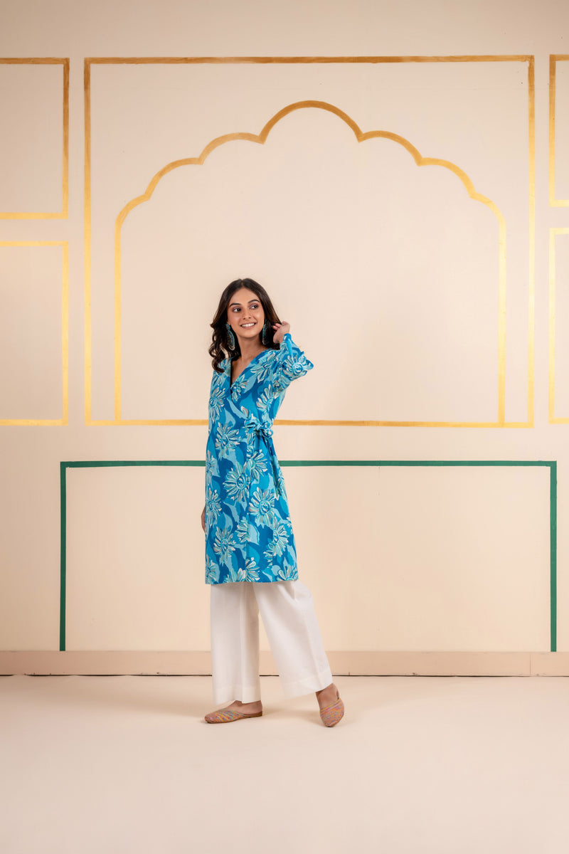 Cotton Angarakha Kurti with Side Tie-Ups for Women | Aqua Bloom