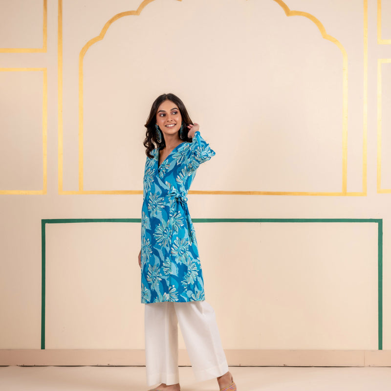 Cotton Angarakha Kurti with Side Tie-Ups for Women | Aqua Bloom