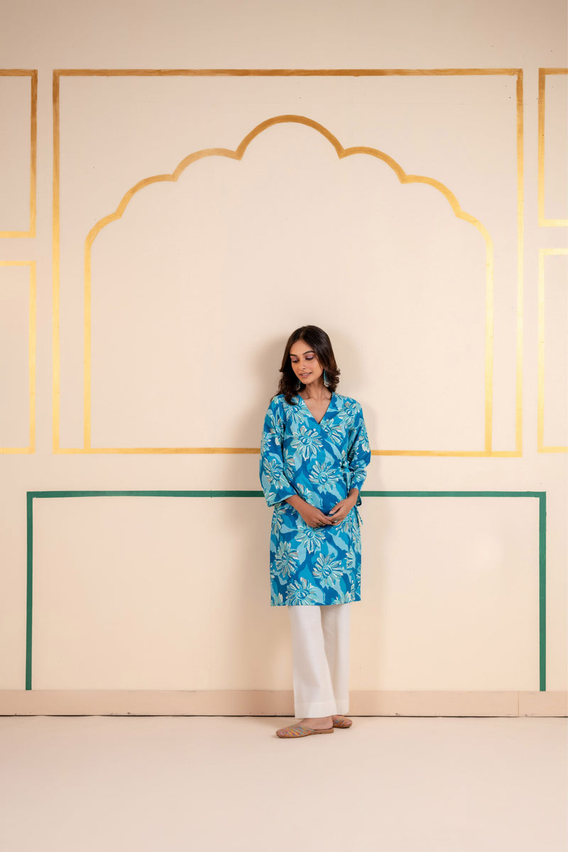 Cotton Angarakha Kurti with Side Tie-Ups for Women | Aqua Bloom
