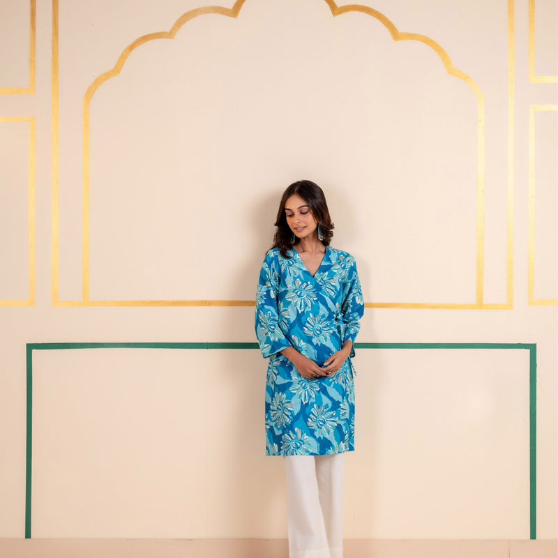 Cotton Angarakha Kurti with Side Tie-Ups for Women | Aqua Bloom
