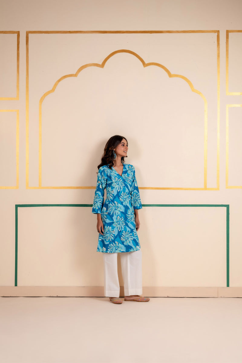 Cotton Angarakha Kurti with Side Tie-Ups for Women | Aqua Bloom