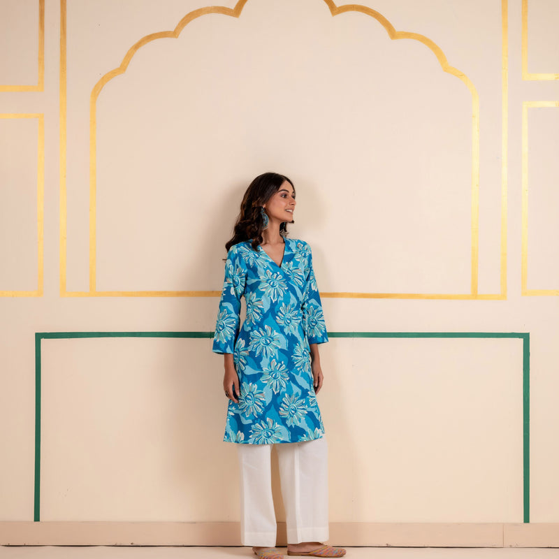 Cotton Angarakha Kurti with Side Tie-Ups for Women | Aqua Bloom