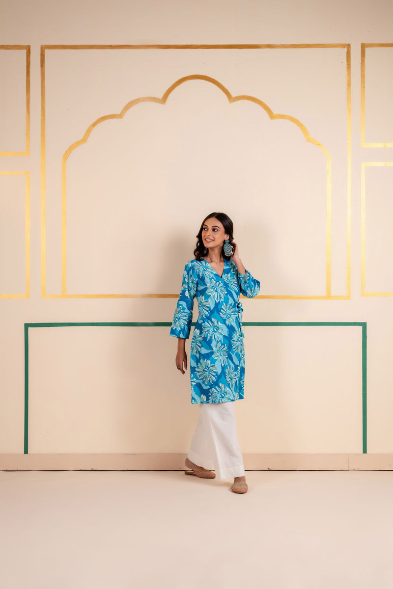 Cotton Angarakha Kurti with Side Tie-Ups for Women | Aqua Bloom