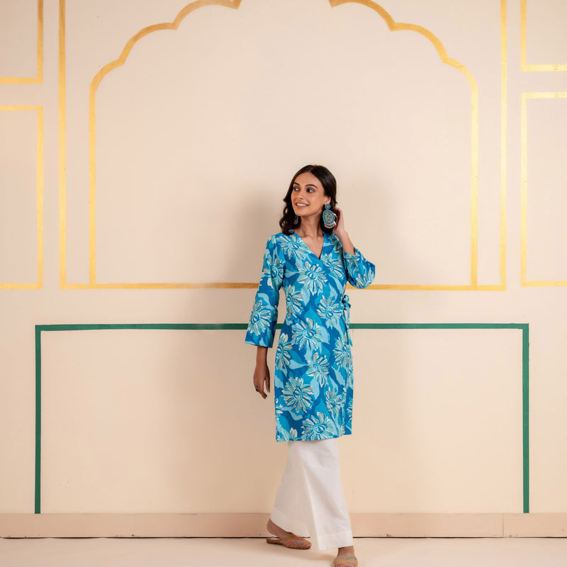 Cotton Angarakha Kurti with Side Tie-Ups for Women | Aqua Bloom