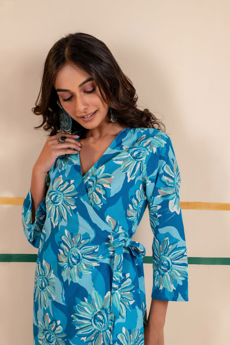 Cotton Angarakha Kurti with Side Tie-Ups for Women | Aqua Bloom