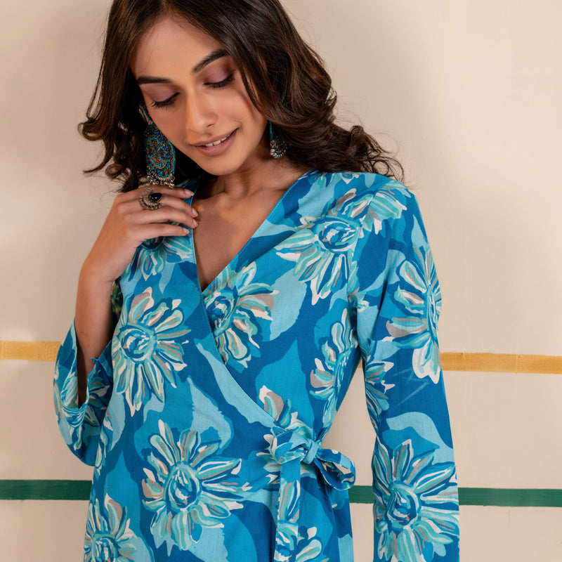 Cotton Angarakha Kurti with Side Tie-Ups for Women | Aqua Bloom