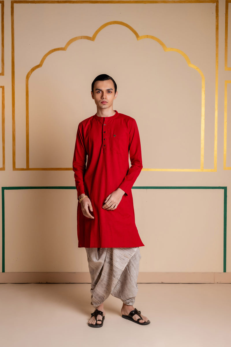 Men's Plain Long Cotton Kurta - Full Sleeve | Royal Red