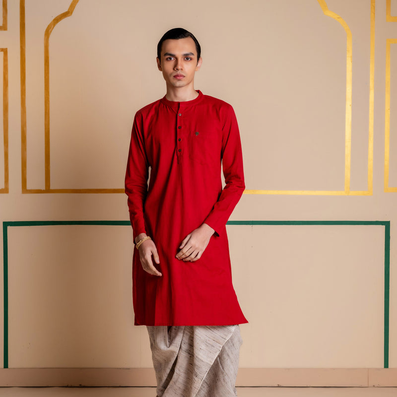 Men's Plain Long Cotton Kurta - Full Sleeve | Royal Red
