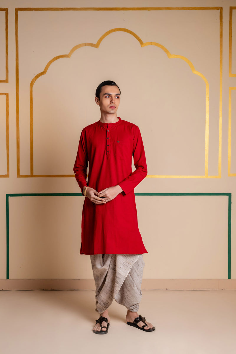 Men's Plain Long Cotton Kurta - Full Sleeve | Royal Red