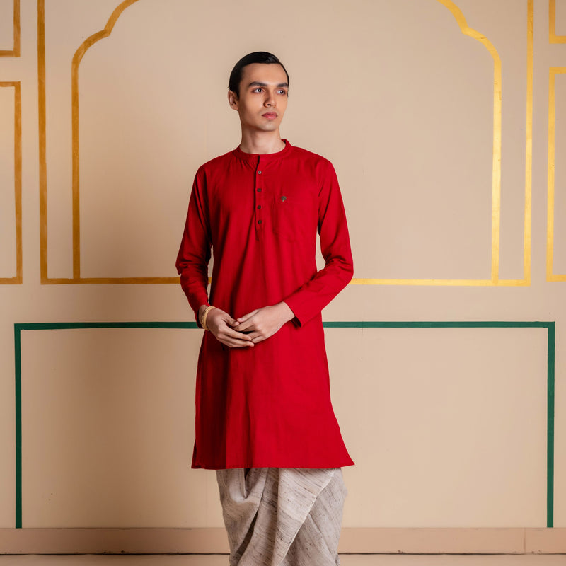 Men's Plain Long Cotton Kurta - Full Sleeve | Royal Red