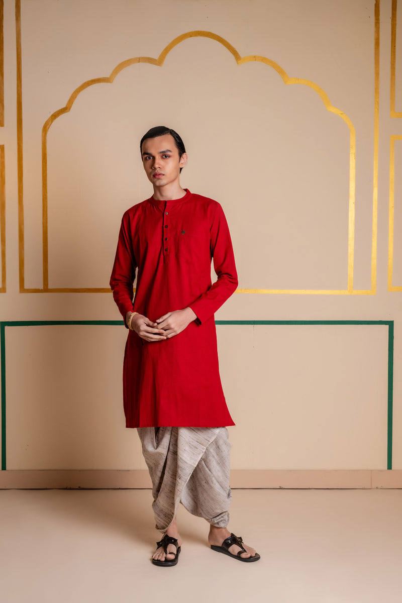 Men's Plain Long Cotton Kurta - Full Sleeve | Royal Red