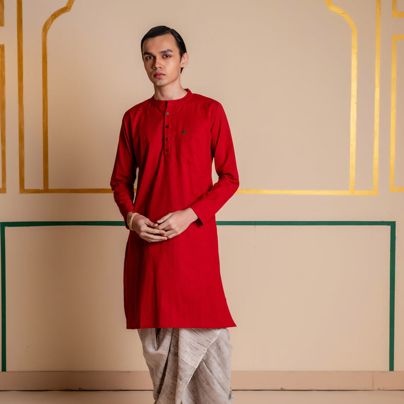 Men's Plain Long Cotton Kurta - Full Sleeve | Royal Red