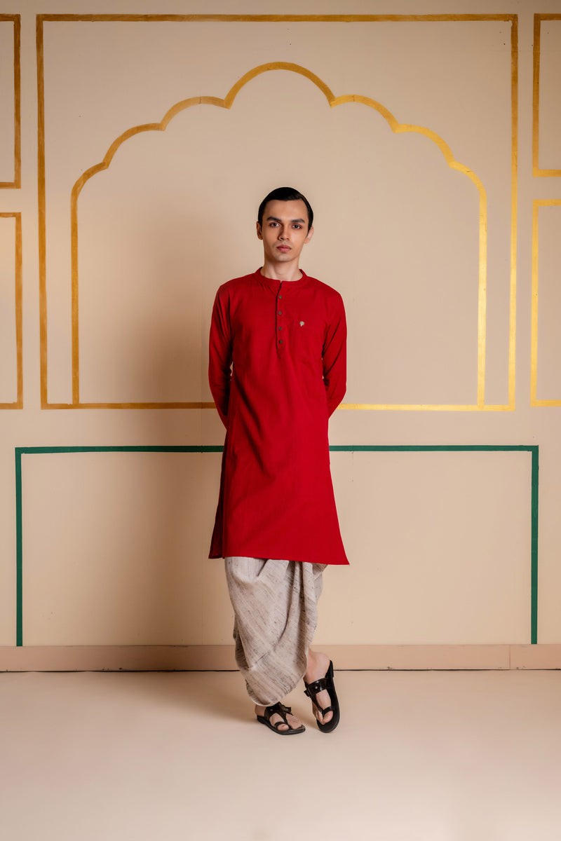 Men's Plain Long Cotton Kurta - Full Sleeve | Royal Red
