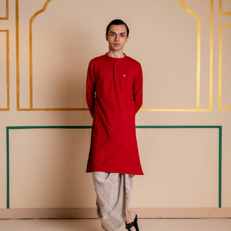 Men's Plain Long Cotton Kurta - Full Sleeve | Royal Red