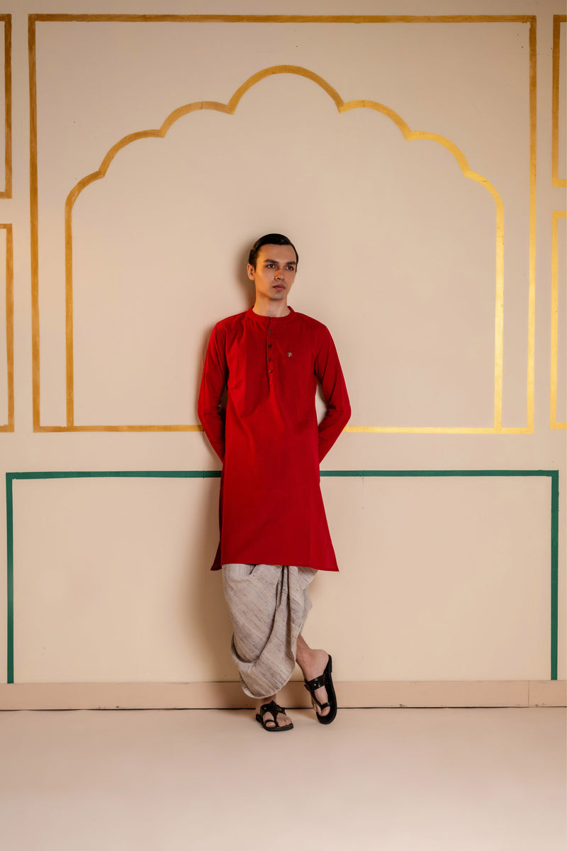 Men's Plain Long Cotton Kurta - Full Sleeve | Royal Red