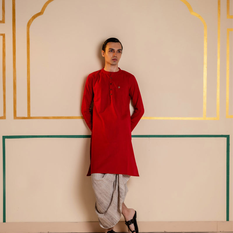Men's Plain Long Cotton Kurta - Full Sleeve | Royal Red