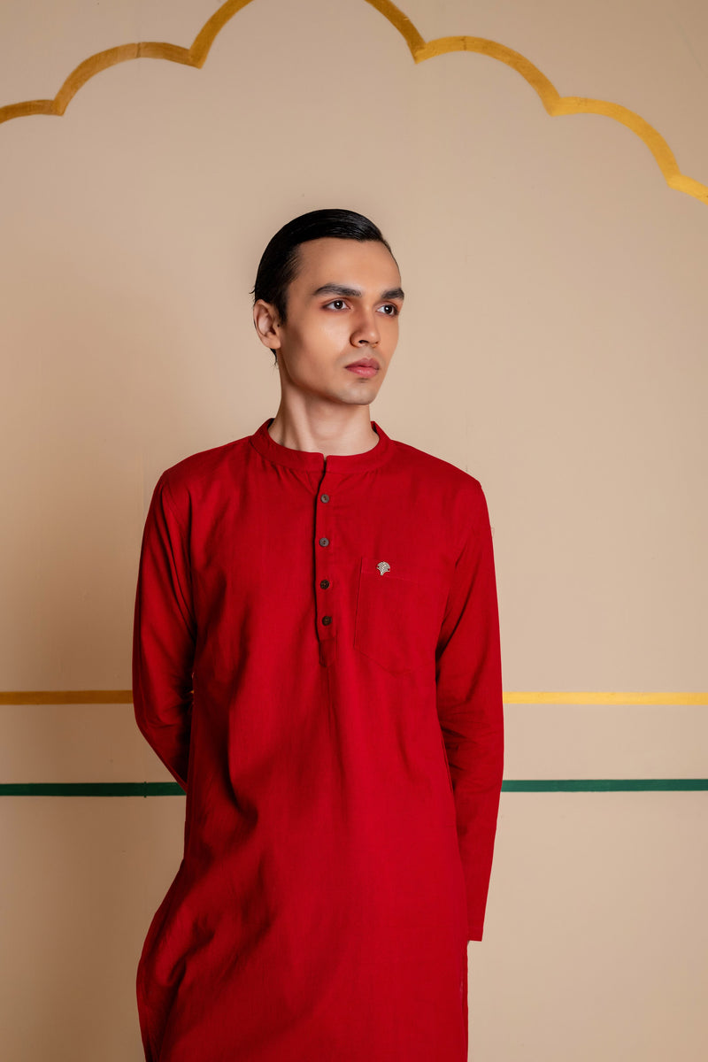 Men's Plain Long Cotton Kurta - Full Sleeve | Royal Red