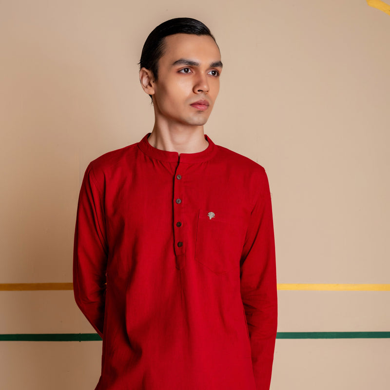 Men's Plain Long Cotton Kurta - Full Sleeve | Royal Red