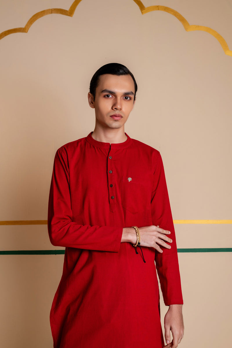 Men's Plain Long Cotton Kurta - Full Sleeve | Royal Red