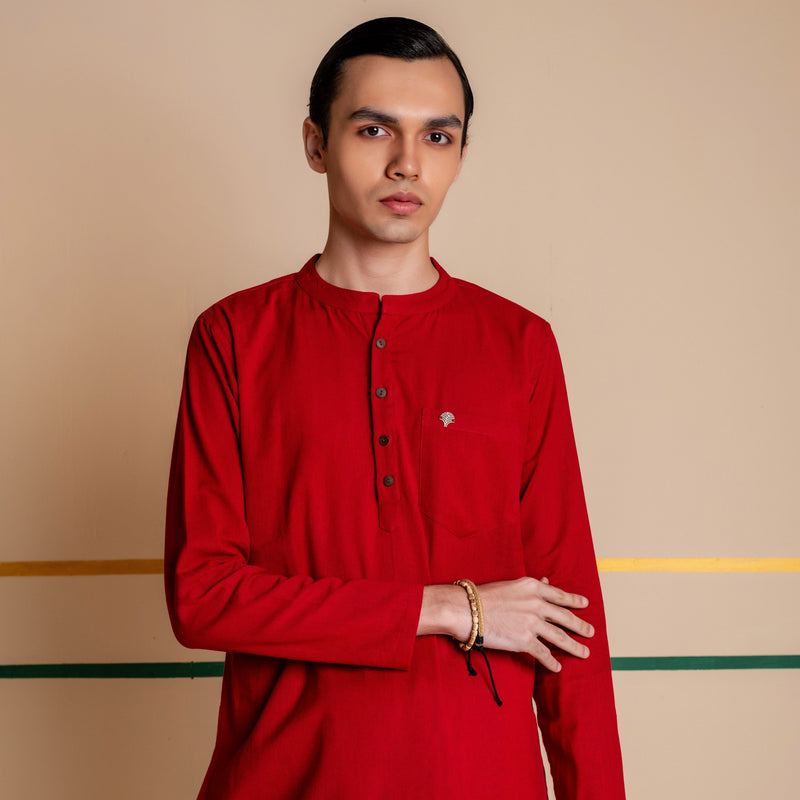 Men's Plain Long Cotton Kurta - Full Sleeve | Royal Red