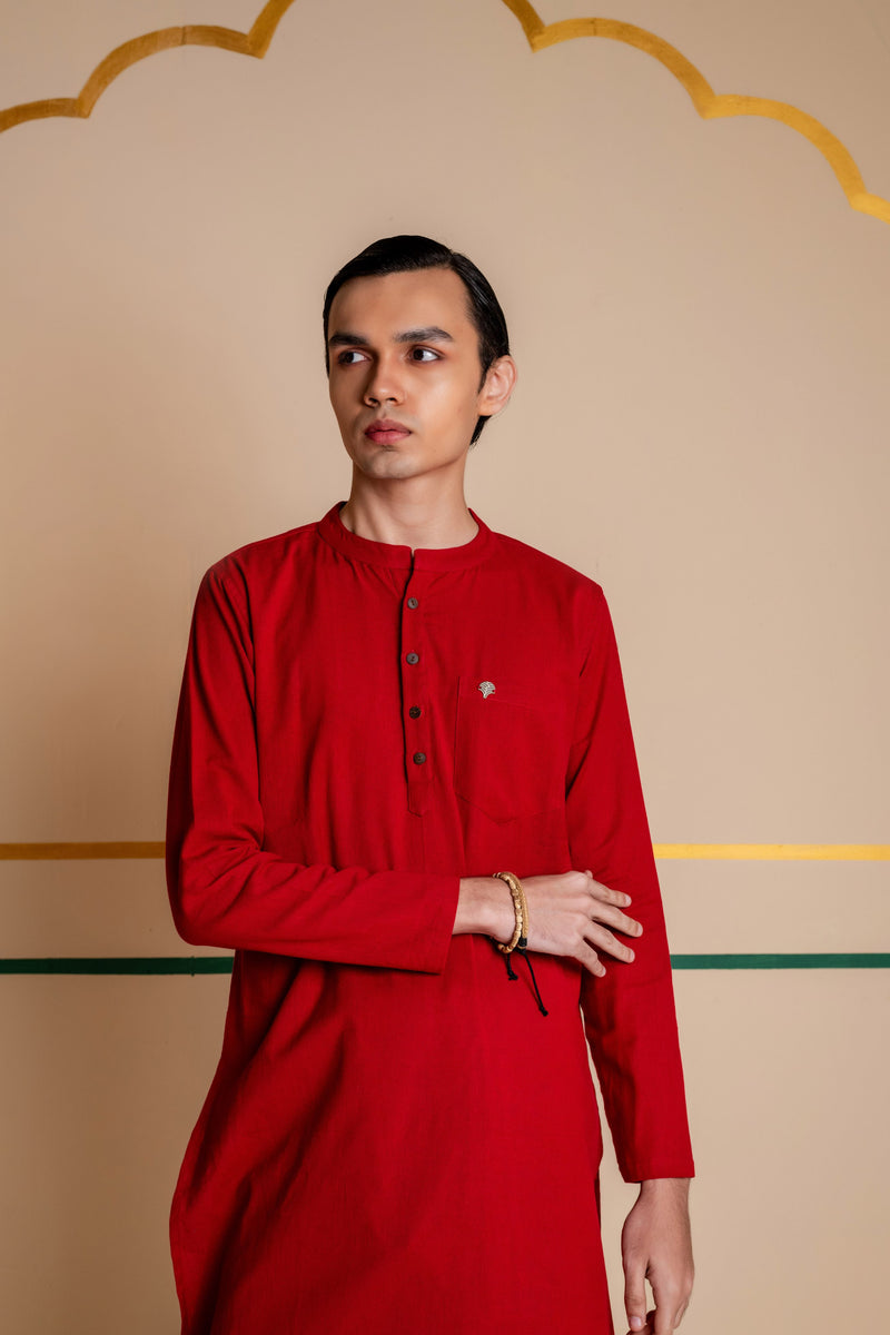Men's Plain Long Cotton Kurta - Full Sleeve | Royal Red