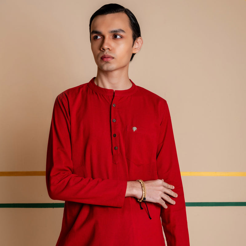 Men's Plain Long Cotton Kurta - Full Sleeve | Royal Red