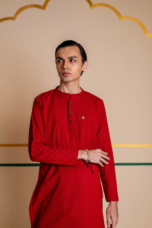 Men's Plain Long Cotton Kurta - Full Sleeve | Royal Red
