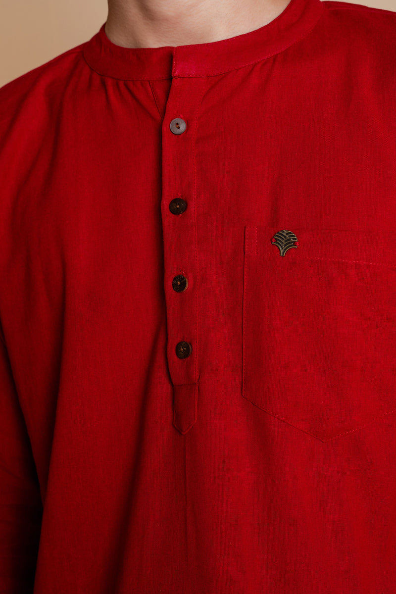 Men's Plain Long Cotton Kurta - Full Sleeve | Royal Red