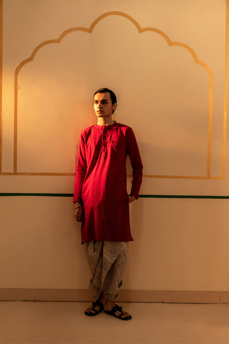 Men's Plain Long Cotton Kurta - Full Sleeve | Royal Red