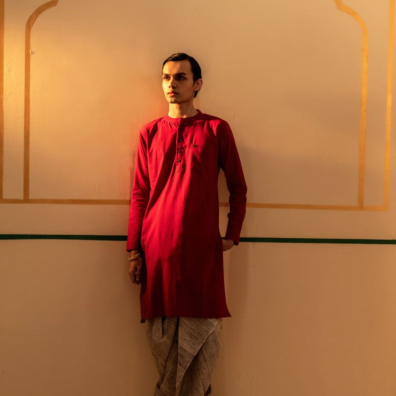 Men's Plain Long Cotton Kurta - Full Sleeve | Royal Red
