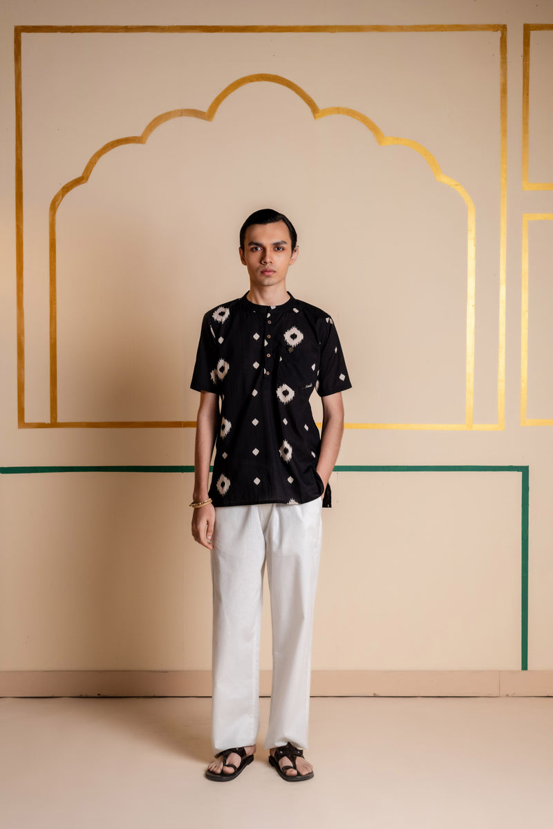 Men's Printed Short Cotton Kurta - Half Sleeve | Charcoal Abstract