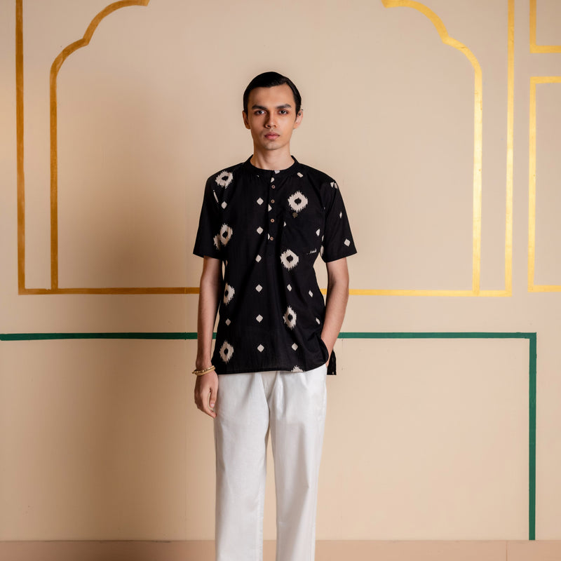 Men's Printed Short Cotton Kurta - Half Sleeve | Charcoal Abstract