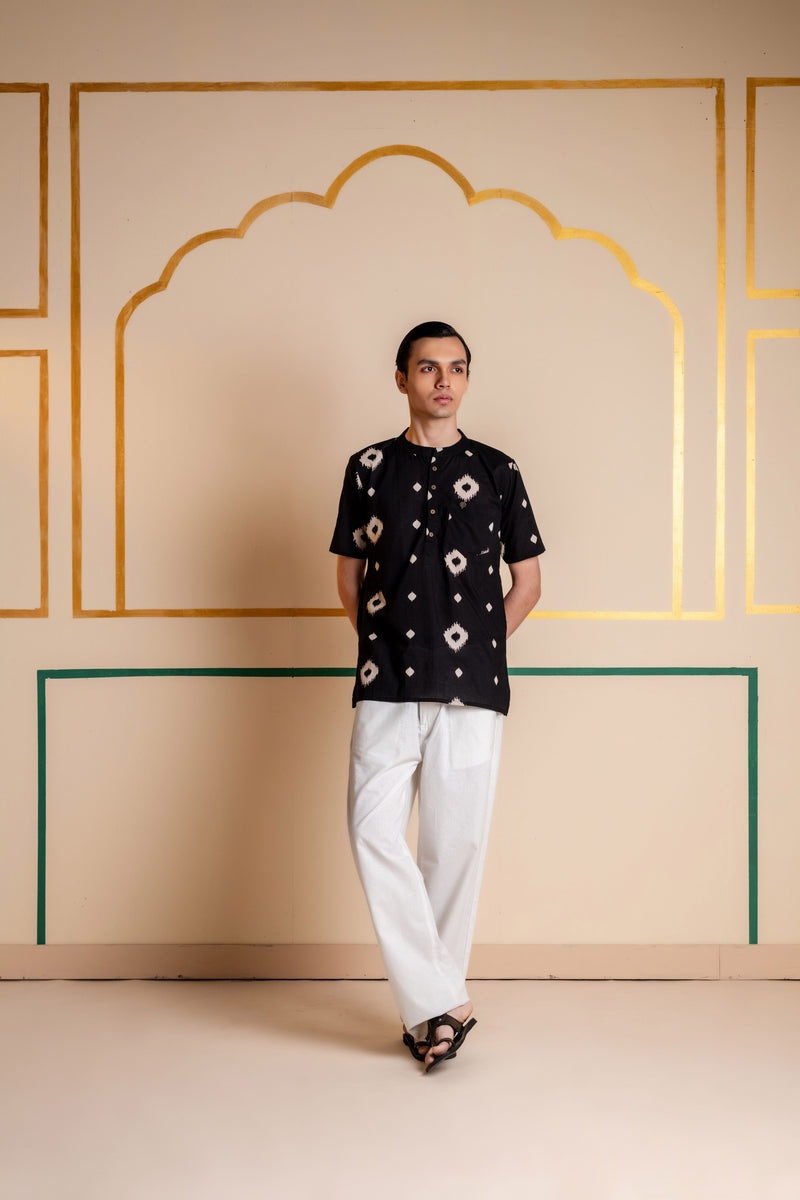 Men's Printed Short Cotton Kurta - Half Sleeve | Charcoal Abstract