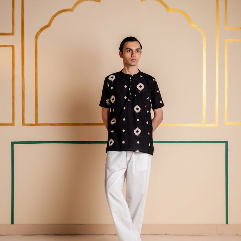 Men's Printed Short Cotton Kurta - Half Sleeve | Charcoal Abstract