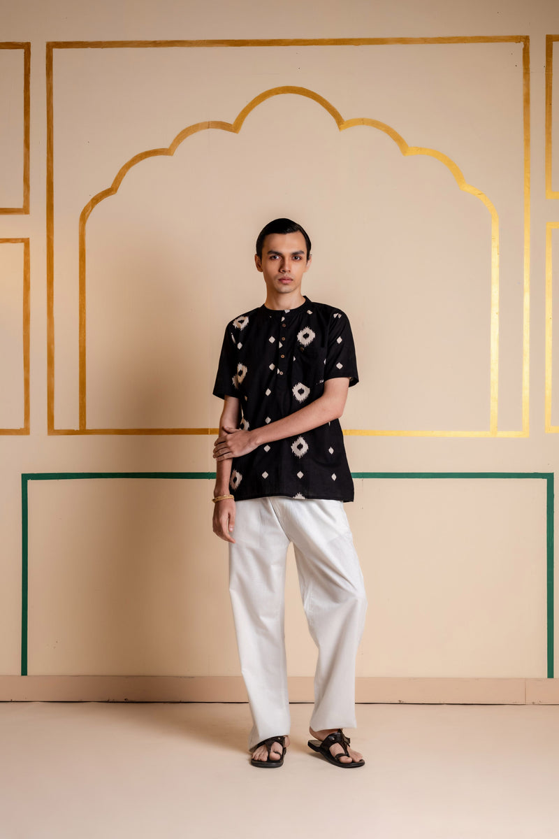 Men's Printed Short Cotton Kurta - Half Sleeve | Charcoal Abstract